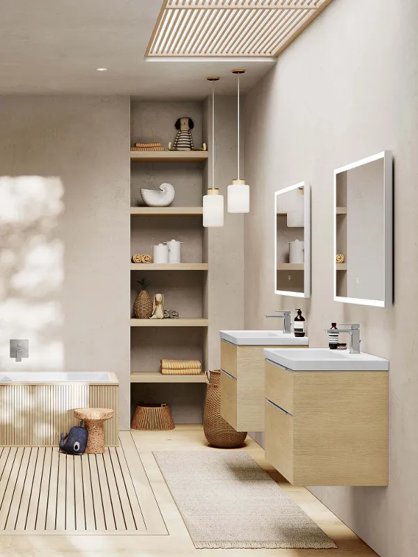 Un bagno con pavimento in legno ed eleganti mobili da bagno Subway 3.0 in look legno.