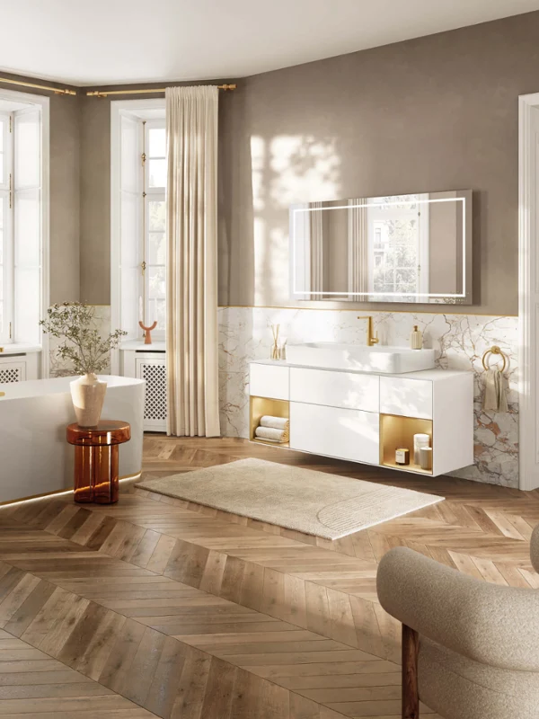 A modern, luxurious bathroom featuring elements from the Finion collection, presented with an elegant and inviting ambiance.