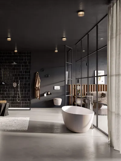 Une salle de bains moderne avec des murs noirs et une baignoire Antao blanche de Villeroy & Boch.