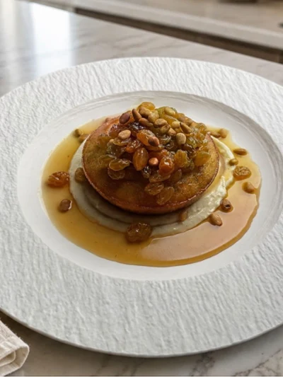 A golden pancake stack topped with raisins and nuts in caramel sauce, served on a textured white plate atop an elegant marble table.