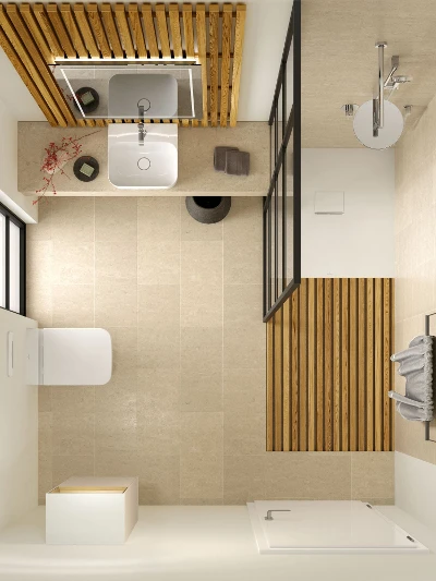 Vista dall'alto di un bagno minimalista con piastrelle beige, zona doccia, WC, lavabo con specchio con cornice in legno e finestra che lascia entrare la luce naturale. Una pianta in vaso aggiunge un tocco decorativo.