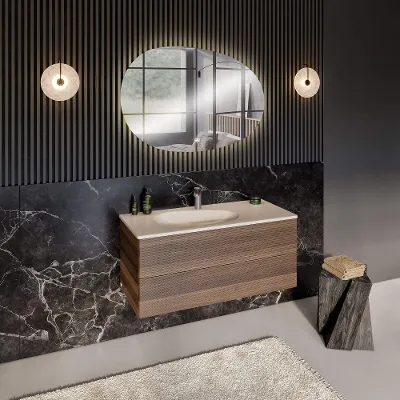 Lavabo con lavabo per mobile Antao con mobiletto in legno e specchio illuminato.