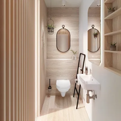 Modern-Scandi-kleines-Bad-O.novo-WC-und-Waschbecken Ein modernes Gäste-Badezimmer mit Holzpanelen, einem weißen Wand-WC und kleinem Waschbecken der Marke VIlleroy & Boch.