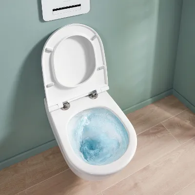 Offene weiße Toilettenschüssel mit blauem Spülwasser, vor einer blaugrünen Wand und hellem Holzboden.