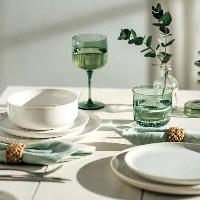 A dining table set with white Crafted plates, green glasses from like Glass and bowls, plus green napkins with golden holders and green leaf decorations.