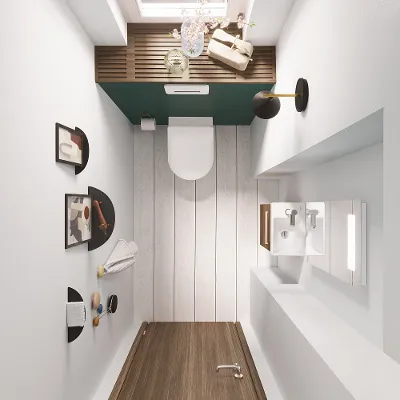 Draufsicht auf ein Bad mit Toilette und Waschbecken mit Spiegel aus der Kollektion Avento Draufsicht auf ein kleines Badezimmer mit Wandwaschbecken, Spiegel, Toilette und modernem Dekor mit abstrakter Kunst. Der Raum hat einen weißen Boden, weiße Wände und eine Holztür.