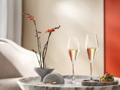 Bicchieri La Divina con dentro dello spumante Un paio di bicchieri La Divina di Villeroy & Boch si trovano su un tavolo di marmo, accompagnati da fiori arancioni in un vaso e da un canapè, creando un ambiente elegante in un salotto di classe.