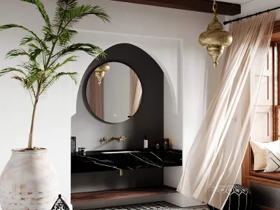 Specchio More To See in un bagno con look Marrakech Bagno moderno di Villeroy & Boch con grande specchio More to See, lavabo Loop & Friends, pavimento in piastrelle geometriche e accenti dorati e piante verdi.