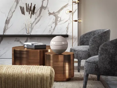 La Boule Pure Beige su un tavolo del soggiorno Un tavolino di un soggiorno con una La Boule beige di Villeroy & Boch sopra e delle sedie.