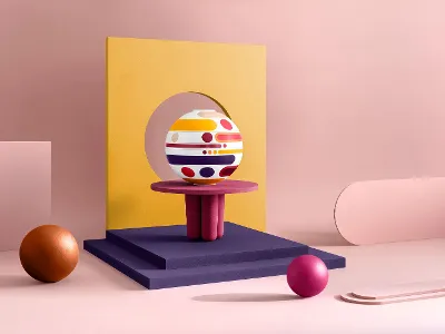 la Boule Miami with various patterns is presented on a purple base against a geometric background with pink, yellow, and orange elements.