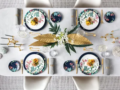 Tropical elegance with gold accents on premium bone porcelain. Perfect for stylish dinner parties that combine exclusivity and luxury.