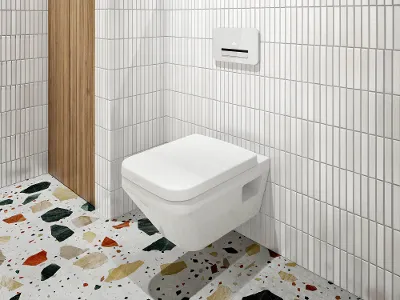 WC Architectura bianco con ripiano superiore Un bagno con pareti con piastrelle bianche, un WC sospeso Architectura, un mobile in legno con articoli da bagno e un pavimento in battuto di terrazzo con frammenti colorati.