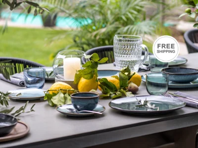 Lave Summer Table paired with Boston and Like Glassware Lave Summer Table featuring Boston and Like Glassware with free shipping callout.