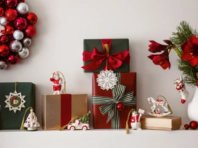 Christmas Classic ornaments as festive decoration Festive decoration with wrapped presents, a wreath of red and silver baubles and festive Christmas Classic ornaments, neatly arranged on a white surface.