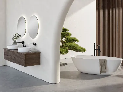 Bagno wellness Antao con doppio lavabo e vasca free-standing Bagno moderno con due specchi rotondi, mobile lavabo sospeso in legno, doppio lavabo, rubinetteria nera, vasca Antao free-standing con asciugamano e una pianta da appartamento minimalista accanto a una parete a doghe di legno.