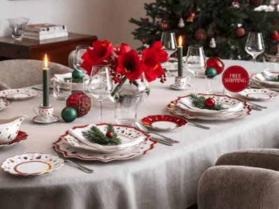 Toys Delight Christmas theme tablesetting with free shipping callout Elegant Christmas tablesetting using Toy's Delight festive porcelain dinnerware on a holiday table with free shipping.