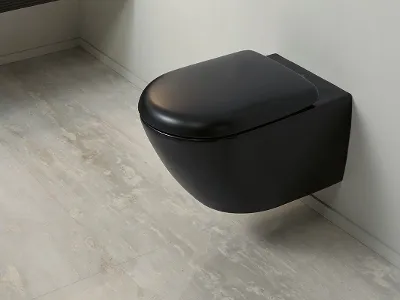 WC sospeso Antao nero Un WC sospeso di Villeroy & Boch della collezione Antao in nero su una parete del bagno in verde delicato.