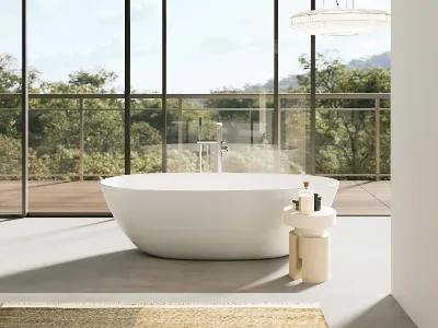 Una vasca da bagno Antao bianca in una stanza con una parete di vetro e alberi. Una vasca da bagno Antao bianca in una stanza con una parete di vetro e alberi.