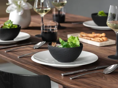 Manufacture Rock Paired with NewMoon Dinnerware Tablesetting Manufacture Rock and NewMoon dinnerware styled together in an elegant, modern tablesetting.