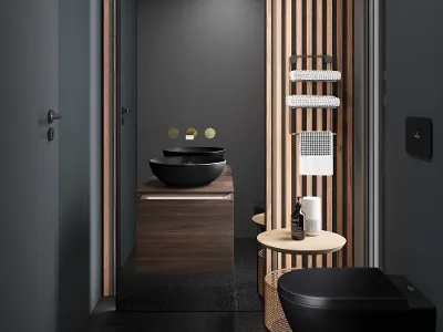 Modernt badrum med svarta Memento 2.0- och Loop & Friends-produkter från Villeroy & Boch Modernt badrum med mörka väggar, tak med träribbor och accenter. Här finns en svart Loop & Friends-toalett från Villeroy & Boch, ett toppmonterat handfat, en stor spegel, en hängande lampa och ett litet bord med toalettartiklar.