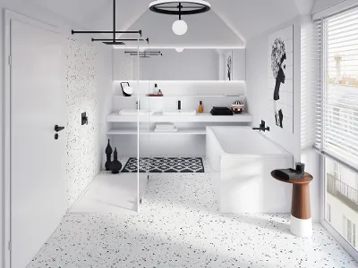 White bath with a black tap and a white shower with a black shower head A modern bathroom with a walk-in shower, a bath and minimalist decor. The room is mainly white with black accents, including the light fittings. A window provides daylight.