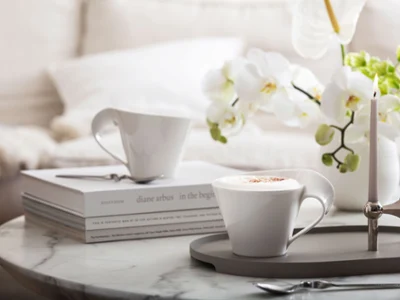 Two cappuccino cups from Villeroy & Boch NewWave, an elegant tray, decorative books and a candle. White flowers add a charming touch to the background.