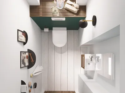 Vista dall'alto di un bagno con WC e lavabo con specchio della collezione Avento Vista dall'alto di un piccolo bagno con lavabo a muro, specchio, WC e arredamento moderno con arte astratta. La stanza ha un pavimento bianco, pareti bianche e una porta in legno.