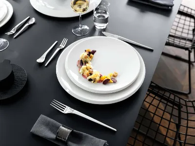 Piatto NewMoon con bicchieri da vino Tavolo da pranzo elegantemente apparecchiato con piatti e bicchieri da vino NewMoon.