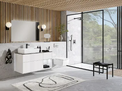 Lavabo e WC Memento 2.0 in bianco in un bagno moderno Un bagno moderno con soffitti in legno e lavabo e WC Memento 2.0 bianchi.