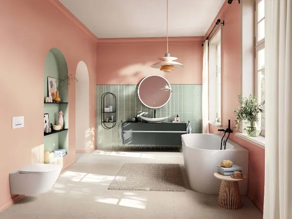 Une salle de bains dans les tons vert pastel et rose Une salle de bains pastel avec une baignoire « Oberon 2.0 », un lavabo « My Nature » et un meuble sous plan « Collaro » de Villeroy & Boch. Les toilettes de la collection Subway 3.0 complètent le design élégant avec une touche de modernité.