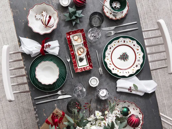 Top view of a festive dining table setting with plates from Toy’s Delight and it’s my match.