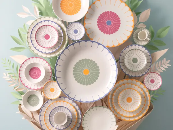 A collection of decorative plates from the Fleur collection A collection of decorative plates from the Fleur collection with colourful patterns arranged on a wall and surrounded by paper leaf decorations.