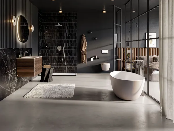 Offenes loftartiges Badezimmer mit Antao Badkeramik, Möbel, Wanne und Dusche Modernes Badezimmer mit dunklen Wänden, einer freistehenden Badewanne, einer Duschkabine aus Glas, einem Holzwaschtisch mit rundem Spiegel und einer Toilette. Der Raum verfügt über elegante Designelemente und reichlich natürliches Licht.