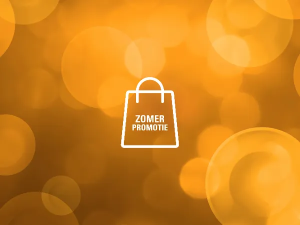 Witte boodschappentas-icoon met de tekst "Zomer promotie" op een oranje achtergrond.