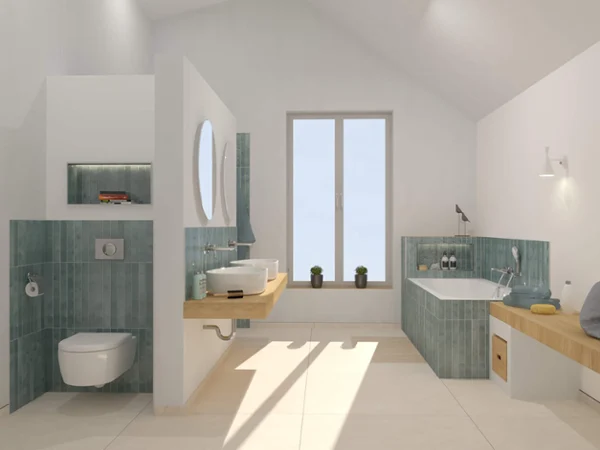 Moderne badeværelse med badekar og bruser Moderne badeværelse med turkise fliser, fritstående håndvask, badekar, væghængt toilet, stort vindue og minimalistisk indretning.