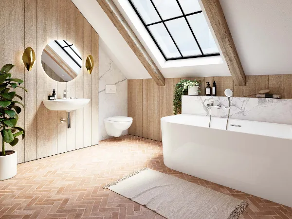 O.novo bad met wastafel en toilet. Een moderne badkamer met bad, wandwastafel, ronde spiegel en toilet uit de collectie O.novo. Een groot dakraam en een plant in pot verfraaien de kamer. Houten accenten en visgraattegels geven de kamer een rustiek tintje.