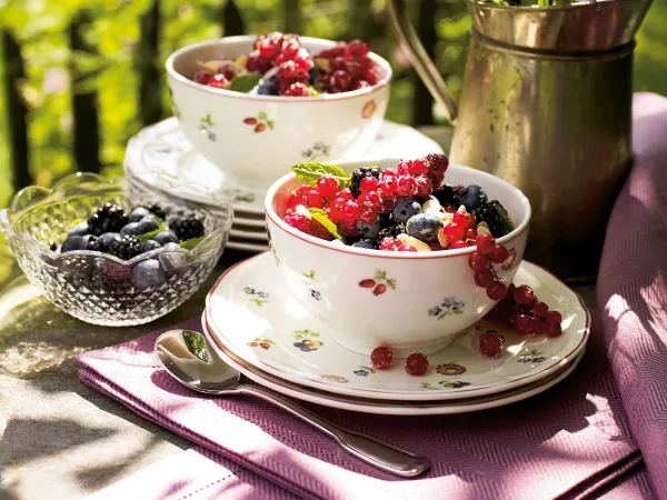 Closeup shot of the beautiful Petite Fleur bowl with fresh fruit in it.