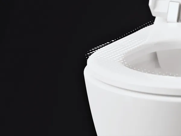 WC con doccetta ViClean di Villeroy & Boch con riconoscimento utente Primo piano di un WC moderno bianco su sfondo nero, che mostra parte del sedile e del bordo.