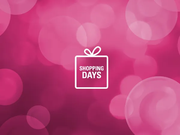Pink image with a gift box icon in the centre and the words ‘Shopping Days’ Pink bokeh background with a white gift box icon in the centre with the words ‘Shopping Days’.