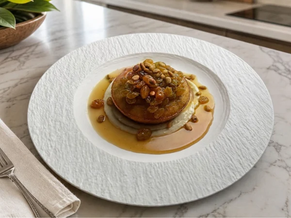 A golden pancake stack topped with raisins and nuts in caramel sauce, served on a textured white plate atop an elegant marble table.