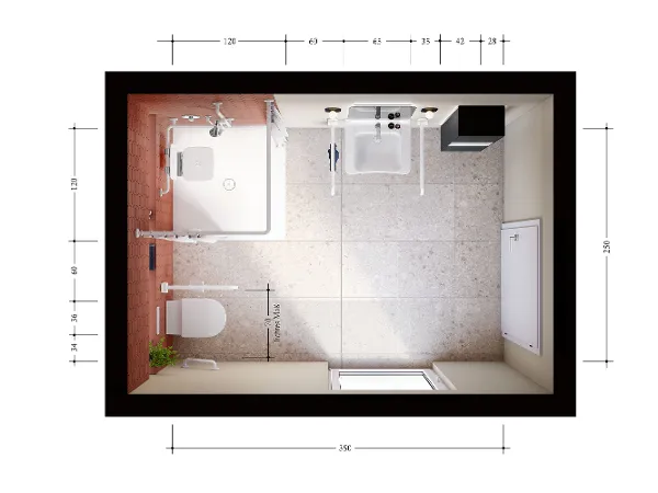 Plano del cuarto de baño sin barreras ViCare Plano de un cuarto de baño sin barreras con dimensiones.