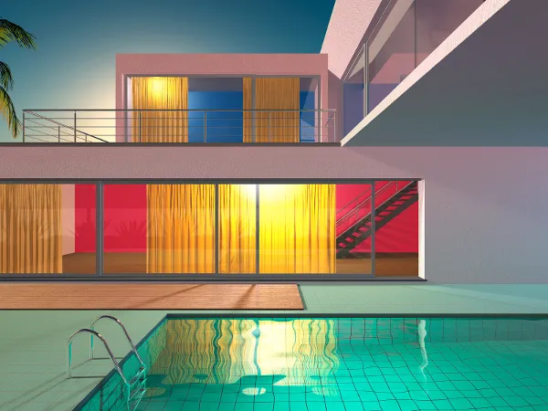 Lumas bilde Moderne hus med store vinduer, gule gardiner og et svømmebasseng i forgrunnen ved solnedgang.