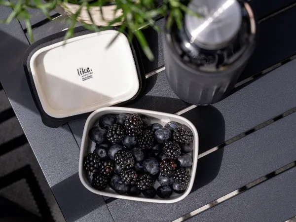 A ToGo & ToStay lunchbox on a dark gray table. A ToGo & ToStay lunch box filled with berries next to a closed stainless steel bottle on a dark gray table.