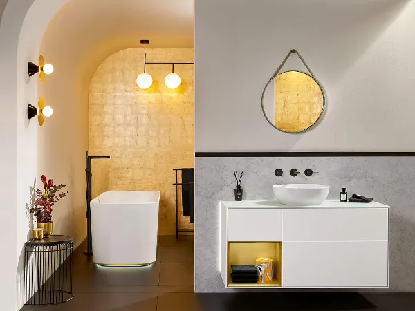 Lavabo sobre encimera Artis blanco con grifo Conum Lavabo sobre encimera Artis blanco con grifo Conum y bañera y mueble Finion.