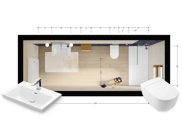 Plan d'une salle de bain Le plan d'une salle de bain avec l'aménagement et les produits de Villeroy & Boch.
