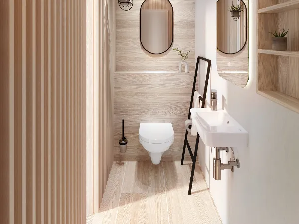 Modern-Scandi-kleines-Bad-O.novo-WC-und-Waschbecken Ein modernes Gäste-Badezimmer mit Holzpanelen, einem weißen Wand-WC und kleinem Waschbecken der Marke VIlleroy & Boch.