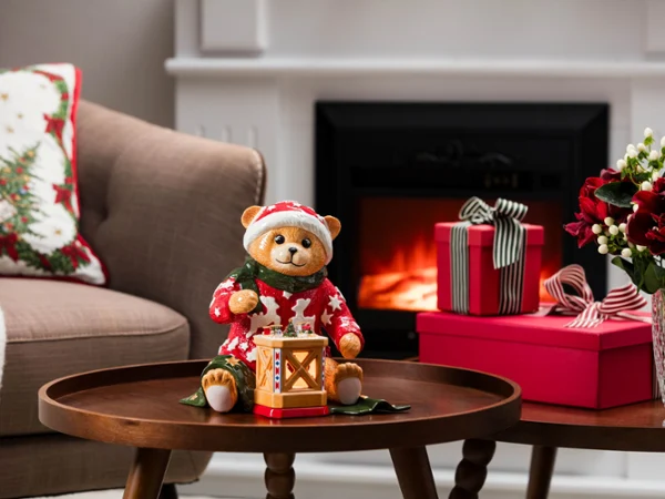 A ceramic bear in a red outfit A ceramic bear in a red outfit sits on a coffee table with a lantern, next to red gift boxes and flowers, in front of a lit fireplace.