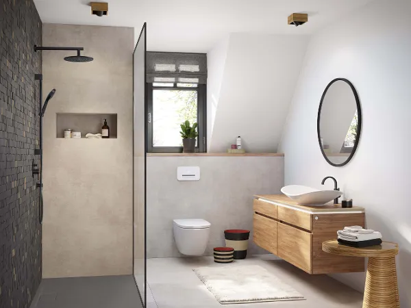 Legato Waschtischunterschrank in Bad mit Dachschräge Legato Waschtischunterschrank in kleinem Badezimmer mit Dusche und Dachschräge