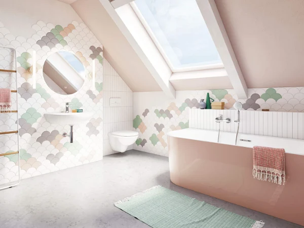 A white O.novo washbasin in a bathroom with colourful tiles behind the washbasin