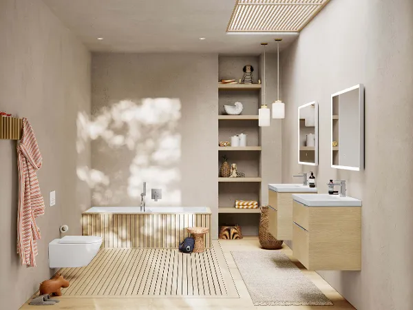 Light wood-coloured Subway 3.0 bathroom furniture in a modern bathroom A bathroom with a wooden floor and elegant Subway 3.0 bathroom furniture in a wood look.
